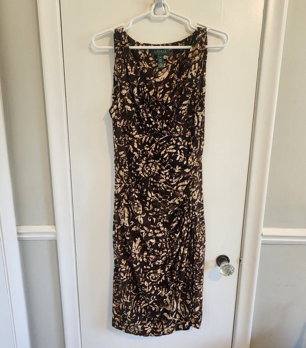 Lauren Ralph Lauren Dress Womens 6 Floral Brown Tan Rouched Waist Classic